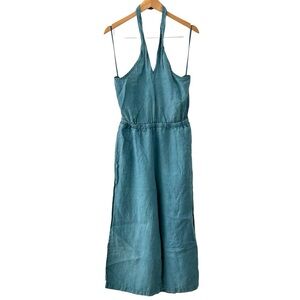 Anthropologie Cloth & Stone Linen Halter Jumpsuit Size Large Aqua/Teal Blue